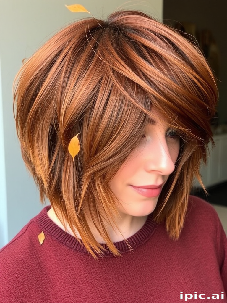 Autumnal copper bob with subtle gold leaf accents, Harvest's hair captures the warmth of fall, with textured layers and face-framing pieces that resemble gently falling leaves