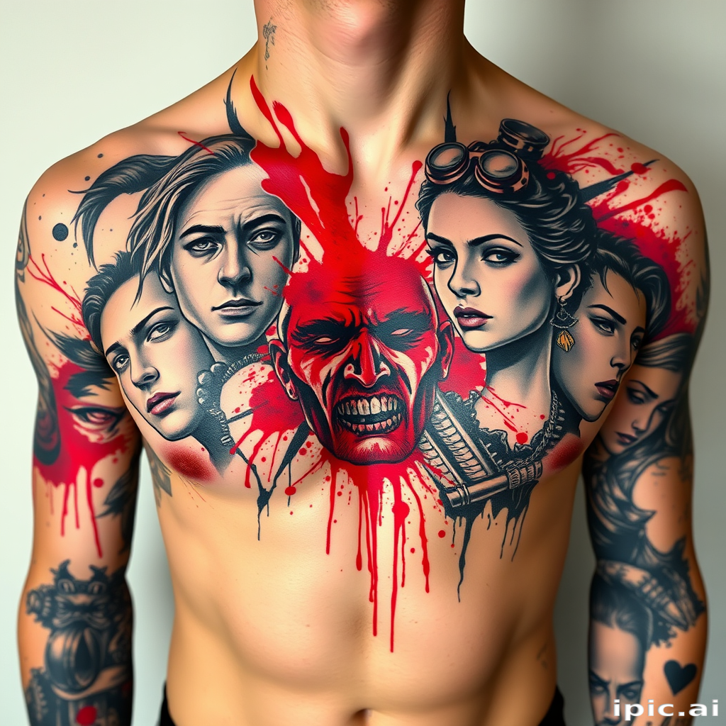 Dramatic trash polka tattoo spanning across the chest, combining realistic portraits with abstract elements and splashes of vibrant red ink, creating a chaotic and visually striking composition