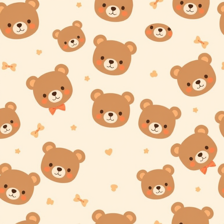 Cute pattern featuring cartoon bear faces in soft brown tones with small bows scattered on a light beige background. The bears have simple facial features and a friendly expression, creating a whimsical and adorable design.