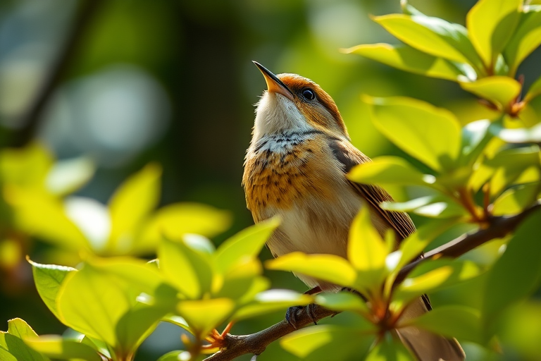 A close-up of a singing bird perched on a branch surrounded by vibrant green leaves, shallow depth of field, natural light, aperture f/2.8, ISO 100, 1/250s, DSLR camera with a macro lens, soft bokeh background.