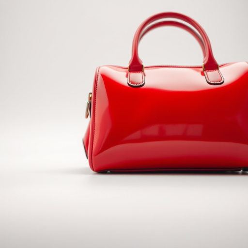 a glossy red handbag on a white background, soft lighting, shallow depth of field, macro lens, DSLR camera settings: f/2.8, ISO 100, shutter speed 1/200s, high-resolution image