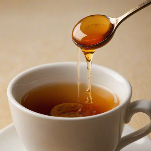 Sharp, high-resolution close-up of a drop of honey dripping from a spoon into a cup of hot tea, soft steam rising from the cup, with tiny golden bubbles reflecting the warm light.