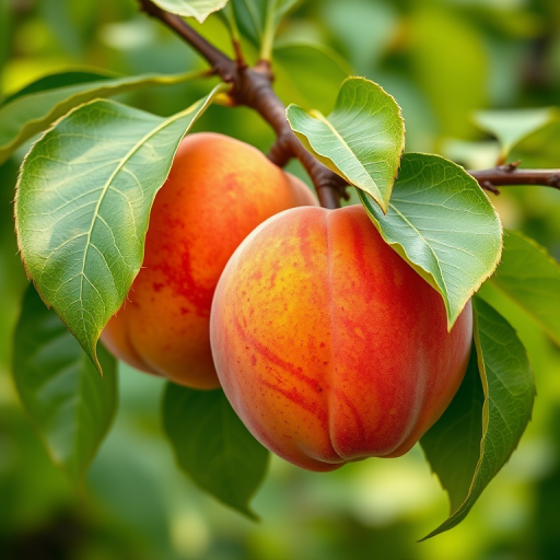 Generate a high-quality illustration of two ripe peaches on a branch with green leaves, using a macro lens at f/2.8 aperture, 1/200s shutter speed, and ISO 100 for sharp details and vibrant colors in a natural light setting.