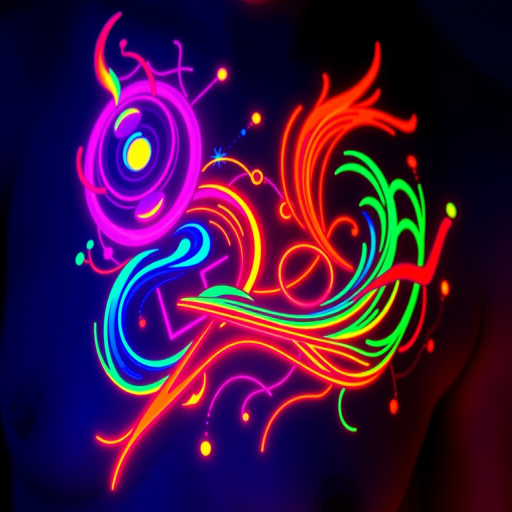 Neon glow tattoo named "Electric Dreams" featuring bright, fluorescent colors that seem to pulse and shimmer under UV light, with abstract shapes and swirling patterns reminiscent of cyberpunk aesthetics and retro-futuristic designs