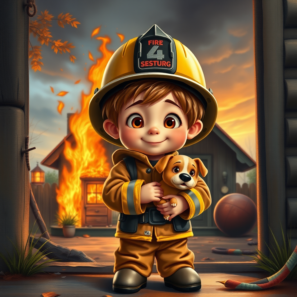 airbrushed oil painting, pixar style, cute little boy in fireman gear, helmet, tousled hair, expressive eyes, standing in the doorstep of a cottage burning behind him, holding a cute little dog in his arm, atumn sky