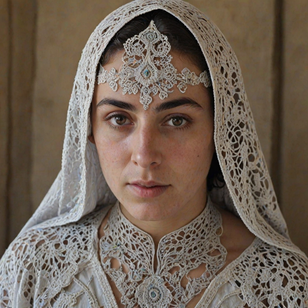 Face, shoulders, chest covered in openwork Druze embroidery. Raw, unedited image.