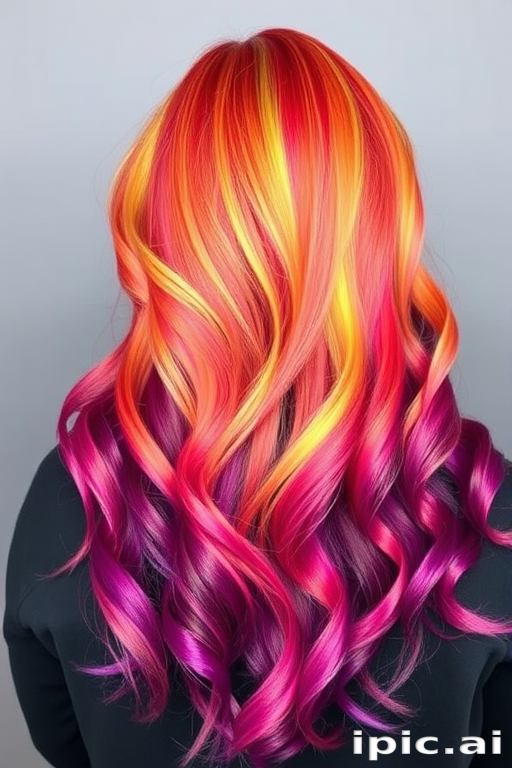 Whimsical rainbow ombré style called "Prism Cascade" blending seamlessly from vibrant red roots through the color spectrum to deep purple ends
