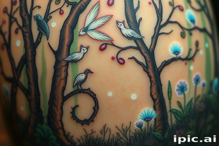 Enchanting "Fairy Tale Forest" tattoo transports viewers into a magical woodland scene. Soft, muted greens and browns create a lush backdrop, while pops of bioluminescent blues and purples add an otherworldly glow. Delicate linework brings to life whimsical creatures and ethereal flora, creating a storybook-worthy piece full of wonder and imagination.