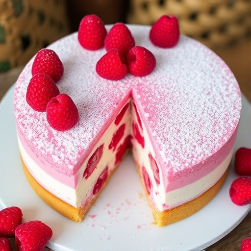 A round raspberry cake with a smooth cream filling and a dusting of powdered sugar on top, garnished with fresh raspberries around the edge, showcasing a slice cut out to reveal layers of sponge cake and cream filling with raspberries inside.
