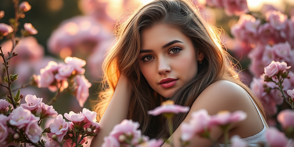 portrait of a young woman with long wavy hair resting her head on her hand surrounded by blooming flowers in soft natural light shallow depth of field, f/1.8 aperture, 85mm lens, ISO 200, golden hour lighting, DSLR camera