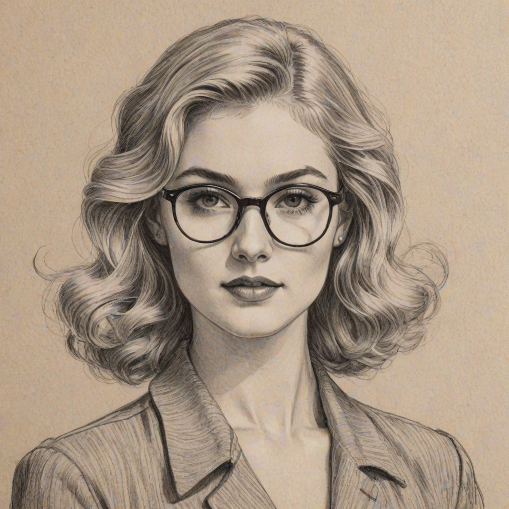 Wonderful Skyler Samuels, pencil sketch, portrait of Splendid woman 1930s in glasses, hair style beatnik, outline, clear lines, fine lines, 8k