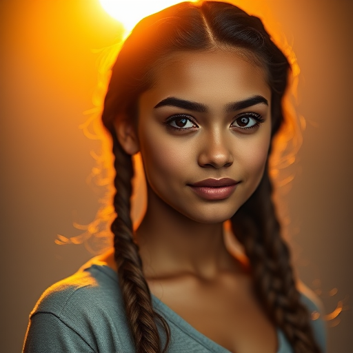 Create a portrait of a young woman with long braided hair, warm golden lighting from behind, soft focus background, 50mm lens, f/1.8 aperture, ISO 200, shot in a studio setting with smooth lighting to enhance the subject's features.