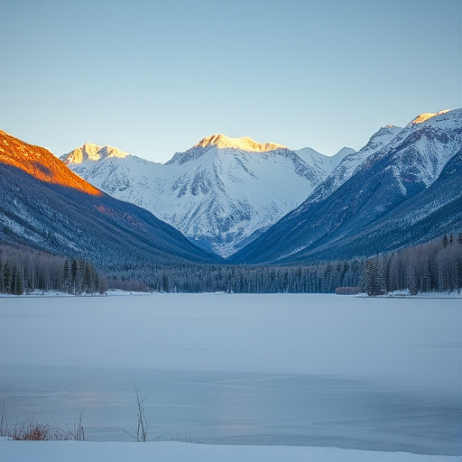 capture a serene winter landscape with snow-covered mountains in the background and a frozen lake in the foreground, golden hour lighting, 24mm lens, f/11, ISO 100, shutter speed 1/125s, DSLR camera, wide-angle view, high dynamic range imaging