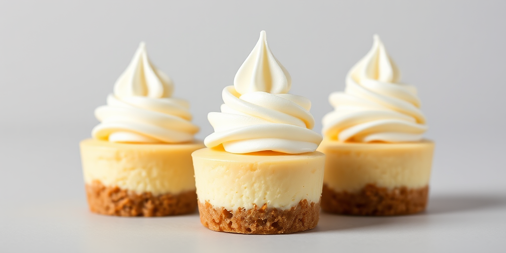 Create an image of three mini cheesecakes with a smooth yellow filling and a swirl of whipped cream on top each placed on a light gray background. The cheesecakes should have a crumbly graham cracker crust at the bottom, and the whipped cream should be elegantly piped in a tall swirl. The overall appearance should be fresh, inviting, and appetizing.