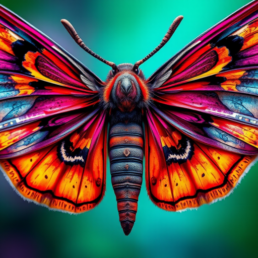 Create a vibrant illustration of a moth with intricate details on its wings, showcasing rich textures and patterns, captured with a macro lens at f/2.8 aperture, 1/200s shutter speed, and ISO 100, using a DSLR camera with natural light for enhanced color saturation and clarity.
