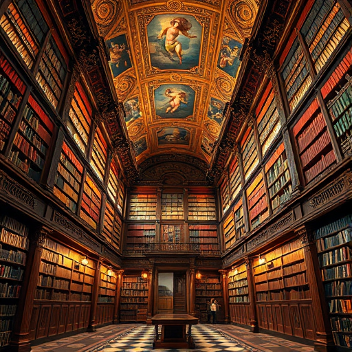 Generate a high-resolution image of an ornate library with towering bookshelves, intricate ceiling frescoes, and a central reading table, captured with a DSLR camera at f/2.8, ISO 100, 24mm lens, and a low angle wide shot for enhanced depth and detail.