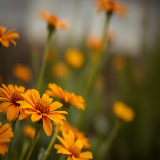 Close-up of orange and yellow flowers with a blurred background, f/2.8 aperture, ISO 200, 50mm lens, shallow depth of field, natural light, DSLR camera.