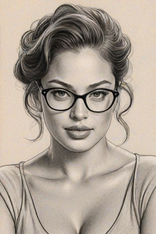Fascinating Ashley Graham, pencil sketch, portrait of Dazzling woman 1944s in glasses, hair style beatnik, outline, clear lines, fine lines, 8k