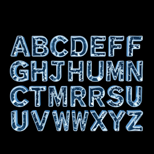 Generate a high-resolution image of an artistic alphabet display with letters A to Z, featuring water or ice textures in a modern, 3D style, set against a dark background, using a DSLR camera, ISO 100, f/8 aperture, 50mm lens, shot in a well-lit studio environment.
