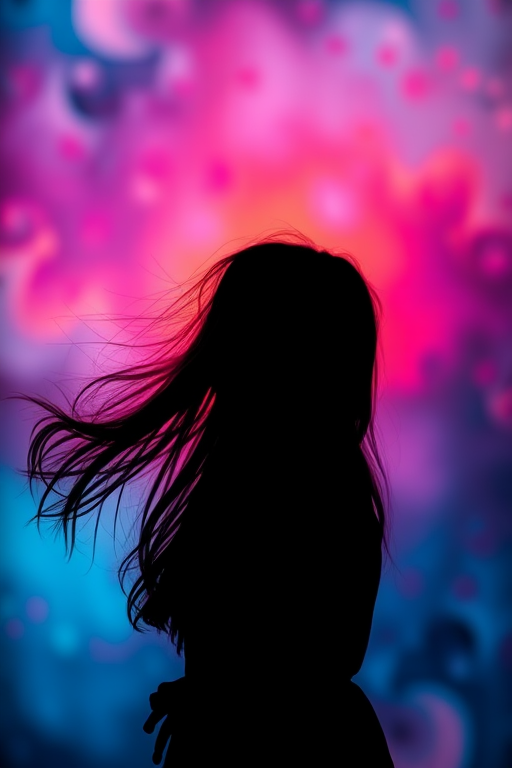 Create a soft focus silhouette of a girl with long, flowing hair in a vibrant, abstract background, using a Canon EOS R with a 50mm f/1.2 lens, aperture set to f/2.8, ISO 200, in a dreamy, painterly style with a high dynamic range.