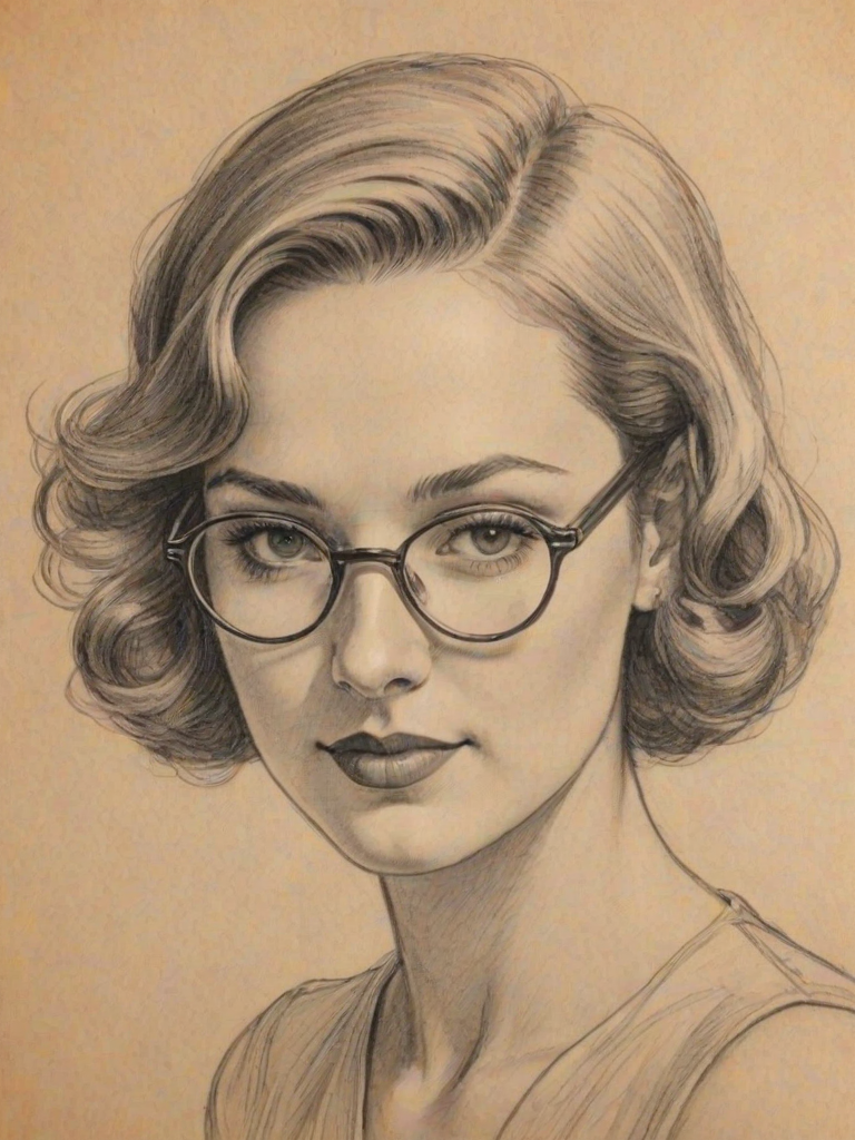 Pleasing Ashley Marie, pencil sketch, portrait of Charming woman 1934s in glasses, hair style beatnik, outline, clear lines, fine lines, 8k