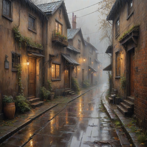 rainy day house painting, fine art painting, fantasy art, 4K, 3D, HDRi, detailed oil painting, high definition art, expressive rustic oil painting, foggy alley, soft focus