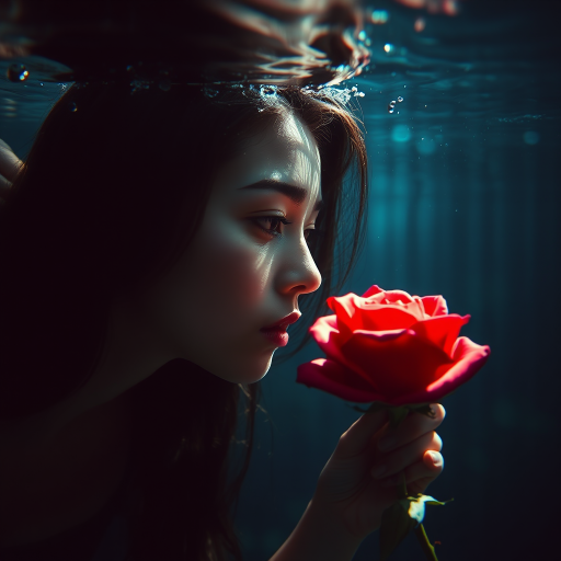 A woman underwater, gazing at a rose Her face is reflected in the water's surface The scene is illuminated by sunlight filtering through the water The atmosphere is serene and contemplative