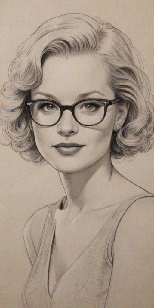 Attractive Christine Ebersole, pencil sketch, portrait of Charming woman 1932s in glasses, hair style beatnik, outline, clear lines, fine lines, 8k