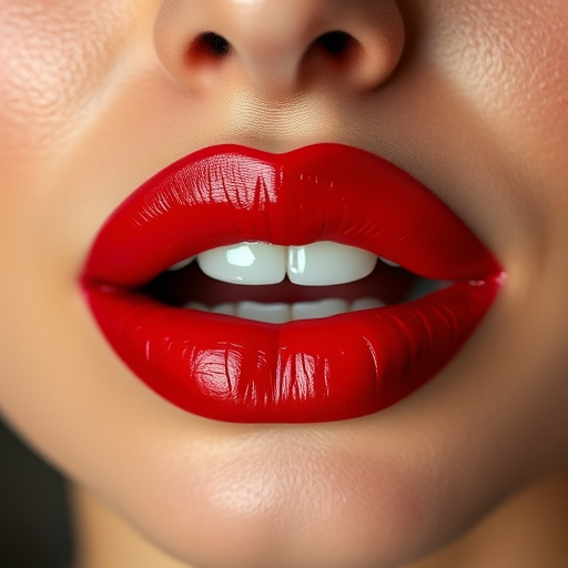 Vibrant cherry red lips with a glossy finish, showcasing plump and voluminous curves, reflecting light beautifully, exuding sensuality and confidence in a close-up portrait
