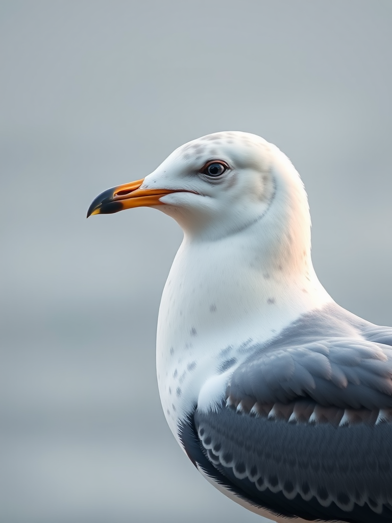 Create a high-quality digital illustration of a seagull with a dotted pattern on its wings, using a DSLR camera with a 50mm lens at f/2.8, ISO 100, with a slight vignette effect and a soft-focus background to enhance the bird's features.