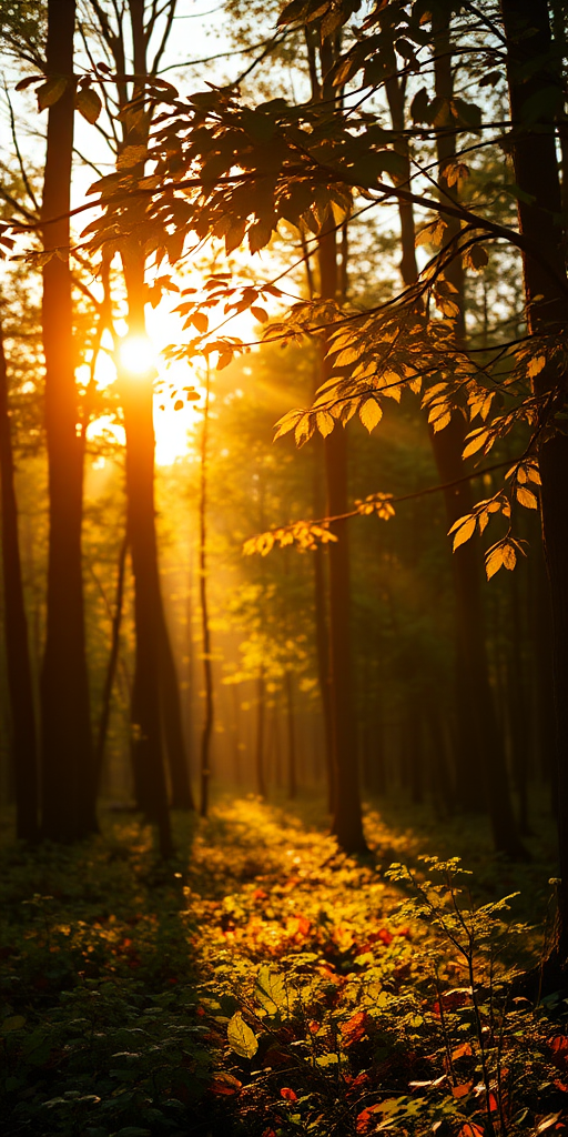 Create a hyper-realistic image of a serene forest scene at golden hour with warm sunlight filtering through the trees, capturing intricate details of leaves and wildlife, using a Canon EOS R5 with a 50mm lens, aperture f/1.8, ISO 100, and shutter speed 1/200s.