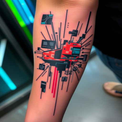 Glitch tattoo titled "Digital Disruption" incorporating pixelated elements data corruption effects and fragmented imagery to create a modern tech-inspired design