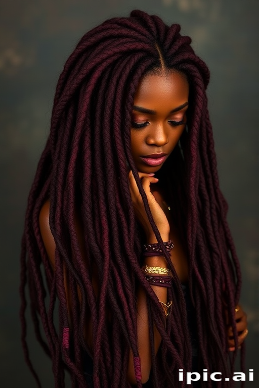 Sultry burgundy mermaid locs titled Wine Waves combining the texture of dreadlocks with loose cascading waves adorned with golden cuffs and rings for a luxurious bohemian aesthetic