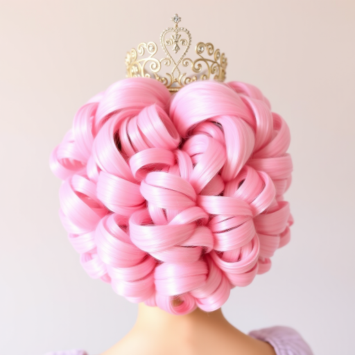 Voluminous cotton candy pink curls shaped into a heart-shaped silhouette, topped with a sparkling tiara for a whimsical princess look called Sugar Plum Fantasy