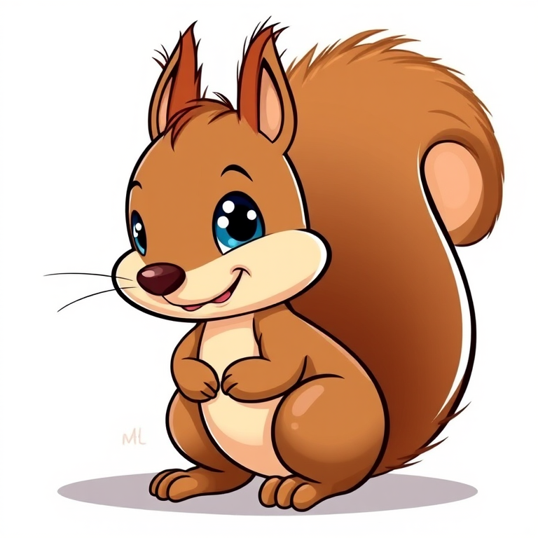 a cute cartoon squirrel with a large bushy tail, big blue eyes, and a friendly expression, in a simple colorful style, captured with a DSLR camera at f/2.8, ISO 100, 50mm lens, with soft diffused lighting to enhance details and colors