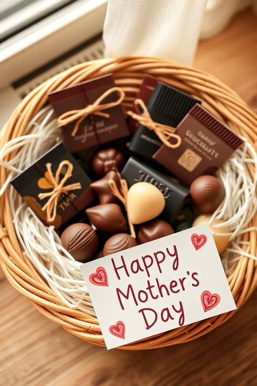 Create an image of a woven basket filled with assorted chocolates tied with twine, surrounded by soft white straw, and a colorful handwritten card that says "Happy Mother's Day," using a Canon EOS R5, 50mm f/1.8 lens, aperture set to f/2.8, ISO 100, soft natural lighting from a window, and a slightly overhead angle for depth.