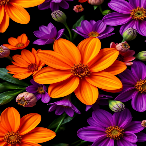 create a vibrant floral pattern with orange and purple flowers on a black background, use a macro lens with f/2.8 aperture, 50mm focal length, and ISO 100 for rich detail and vivid colors, captured in a digital art style with high contrast and smooth textures
