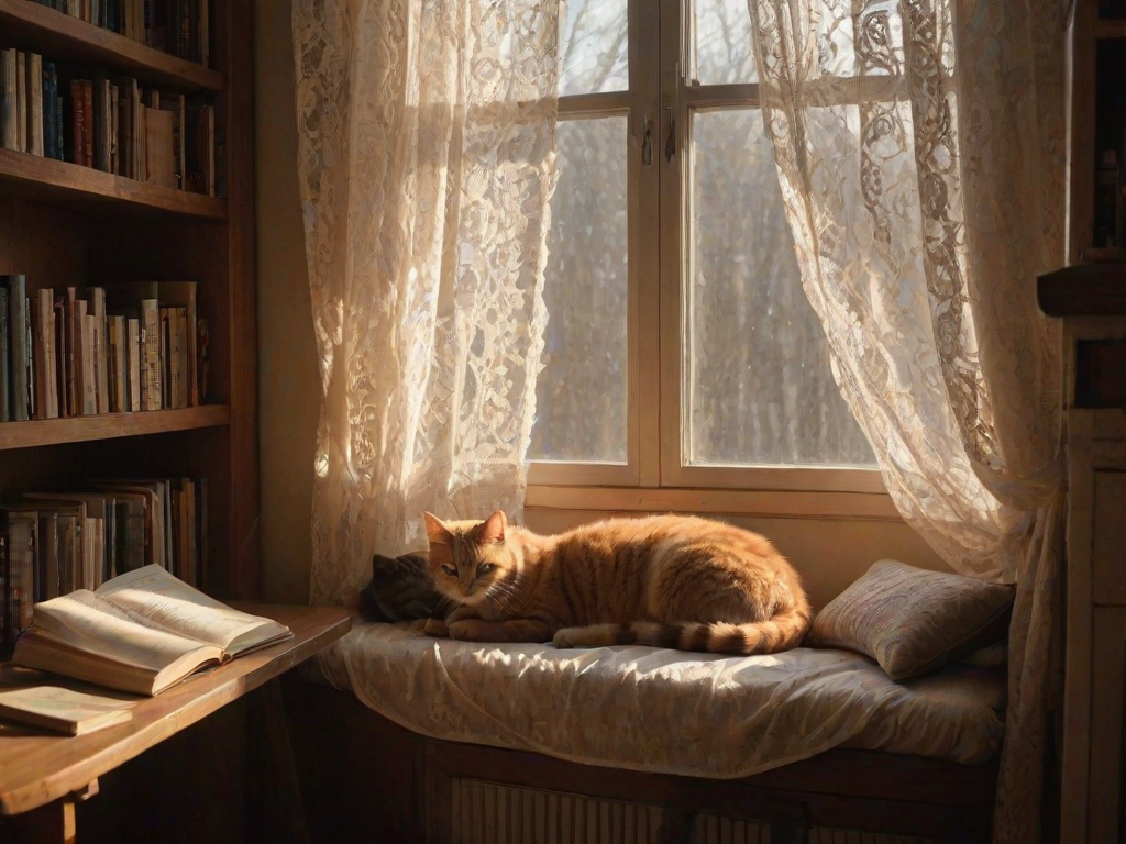 Warmly lit photo of a cozy reading nook by a window, with soft light streaming through lace curtains, a stack of books on a wooden shelf, and a cat curled up on a cushion.