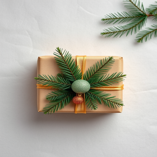 Capture a top-down view of a beautifully wrapped holiday gift featuring green and gold accents, with a small decorative ornament, using a DSLR camera at f/2.8 aperture, ISO 100, and a shutter speed of 1/60 sec to enhance clarity and detail on a neutral background.