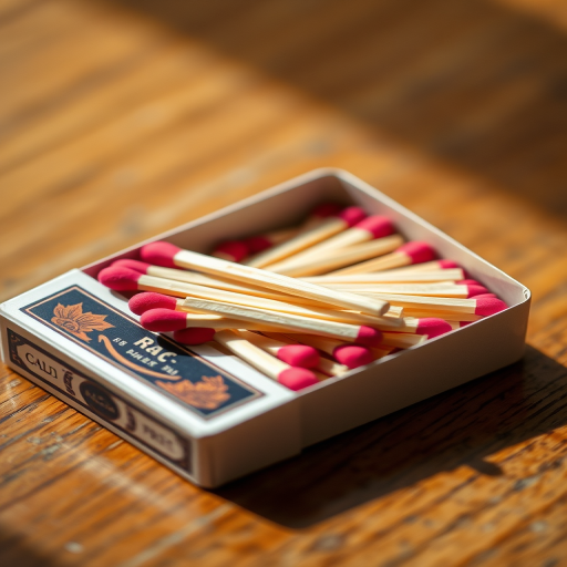 Create a realistic image of a matchbox with matches, using a macro lens, 50mm focal length, f/2.8 aperture, natural light, and a slight overhead shot to enhance detail and texture.