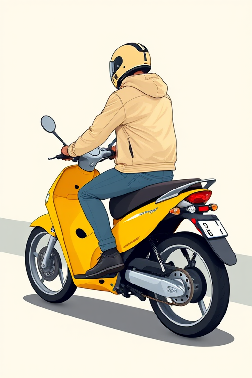 create a side view illustration of a person riding a bright yellow motorcycle, wearing a helmet and a light jacket, with a modern flat design style, high resolution, 4K quality, using a digital illustration technique, ensure sharp lines and vibrant colors.