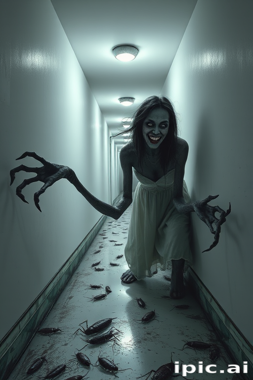 a crooked woman with long arms and a creepy smile is crawling along a long white corridor and you can also see cockroaches in it there is a creepy atmosphere creepy art style