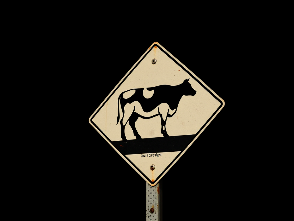 Create an image of a cow crossing sign, captured with a DSLR camera at f/8 aperture, ISO 100, 1/200s shutter speed, in a landscape view, with a high dynamic range to enhance color and detail against a black background.