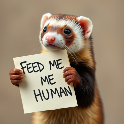 Ferret holding a note which says "FEED ME HUMAN"