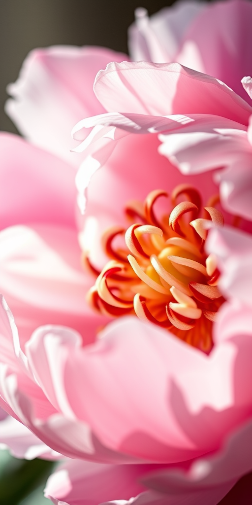 Close-up shot of a peony flower in soft natural light, macro lens, aperture f/2.8, shutter speed 1/100s, ISO 200, 50mm lens, taken with a DSLR camera, focus on the intricate details of the petals and stamens.