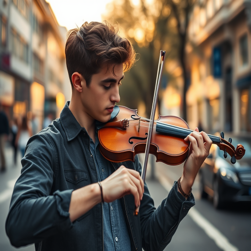 Regenerate the image of a young man playing the violin on a city street, using a Canon EOS R5 camera with a 50mm lens at f/1.8, ISO 100, shutter speed 1/200s, in soft natural light during golden hour, shot from a low angle to emphasize depth and focus on the musician while blurring the background.