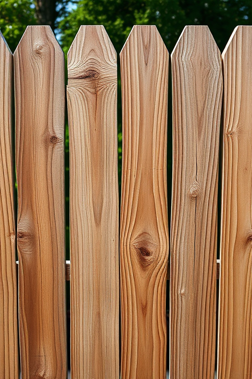 Create an image of a wooden fence with clear details and texture, using a DSLR camera with a 50mm lens at f/1.8, ISO 200, and a shutter speed of 1/100 sec, captured in natural daylight from a straight-on view, focusing on the grain and imperfections of the wood for enhanced depth and quality.