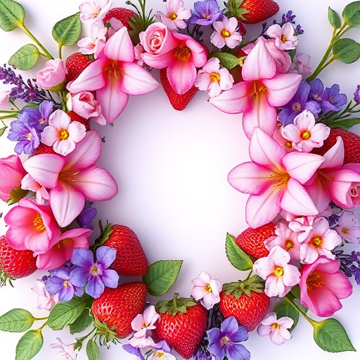 Create a high-resolution illustration of a floral wreath featuring pink and purple flowers, strawberries, and leaves, using a macro lens at f/2.8 for a shallow depth of field, with a soft natural light setting, captured from a bird's-eye view using a digital SLR camera.