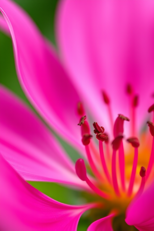 A close-up shot of a vibrant pink flower with a soft green background, shot with a Canon EOS R5, at f/2.8, ISO 100, 1/200 sec, using a macro lens for enhanced detail and depth of field.