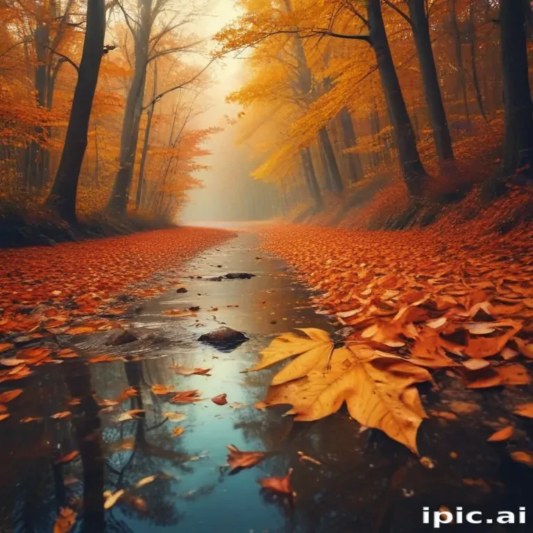 Serene Autumn Landscape with Colorful Leaves and Tranquil Water Reflection